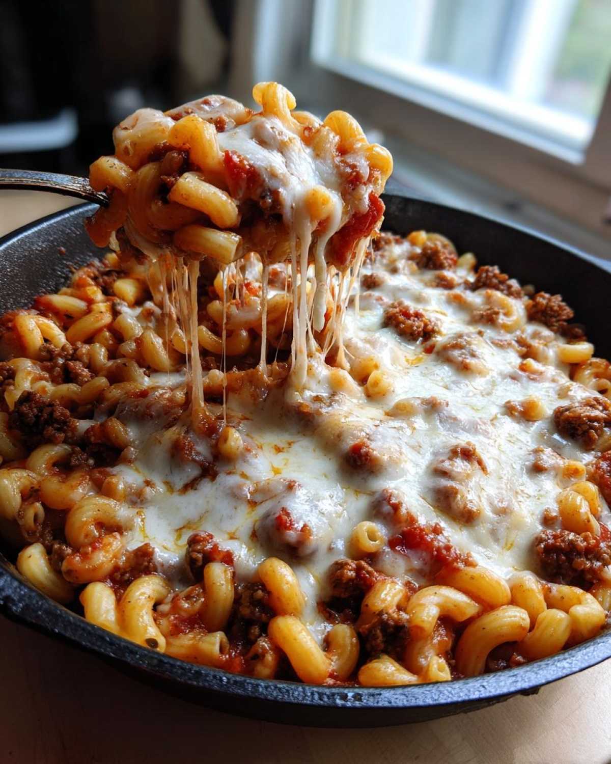 A spoonful of Cheesy Ground Beef Pasta Skillet with Mozzarella showing a dramatic cheese pull from the cast iron pan.