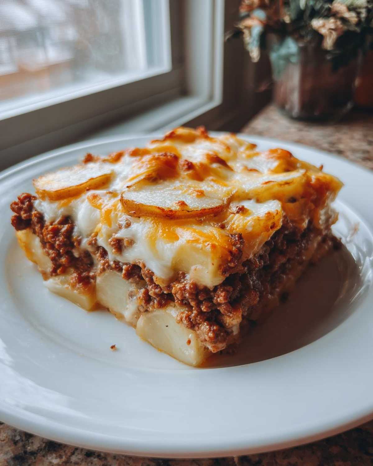 A generous slice of Cheesy Ground Beef and Potato Bake Comfort Food with layers of meat, potatoes, and melted cheese topping.
