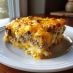 A hearty serving of Cheesy Ground Beef and Potato Bake Comfort Food topped with melted cheddar cheese.
