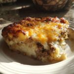 A hearty slice of Cheesy Ground Beef and Potato Bake Comfort Food with a browned, melted cheese topping.