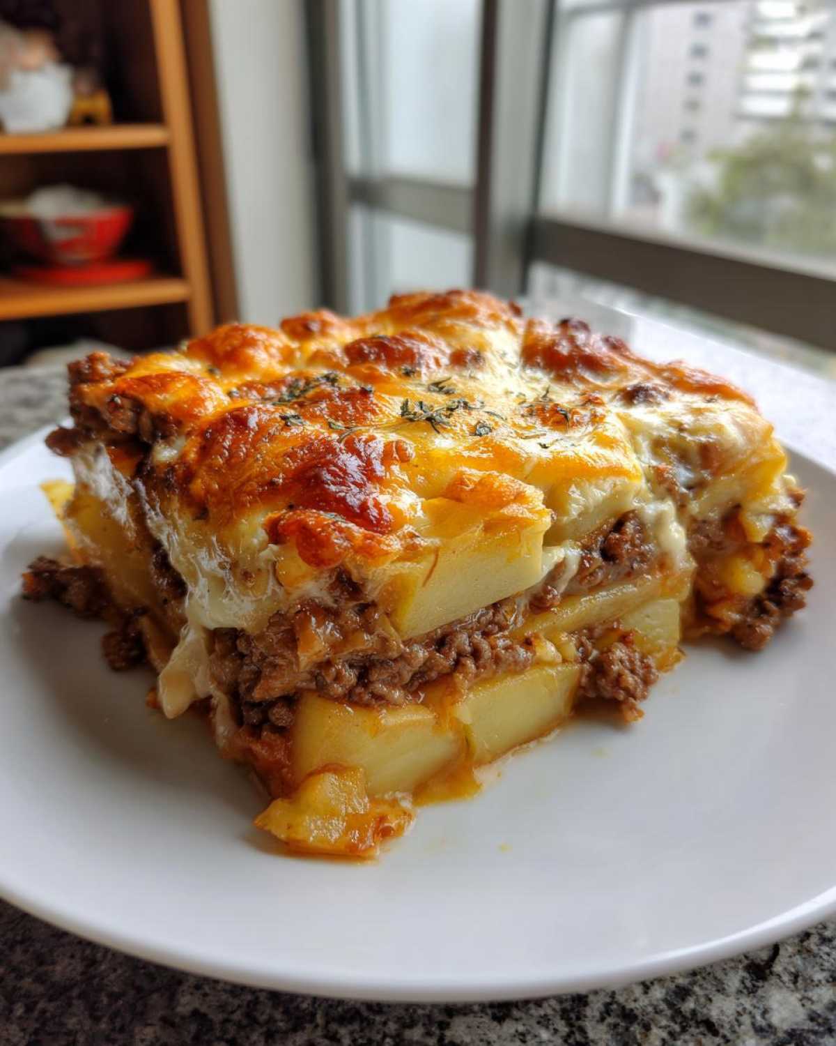 A hearty slice of Cheesy Ground Beef and Potato Bake Comfort Food with melted, browned cheese on top.