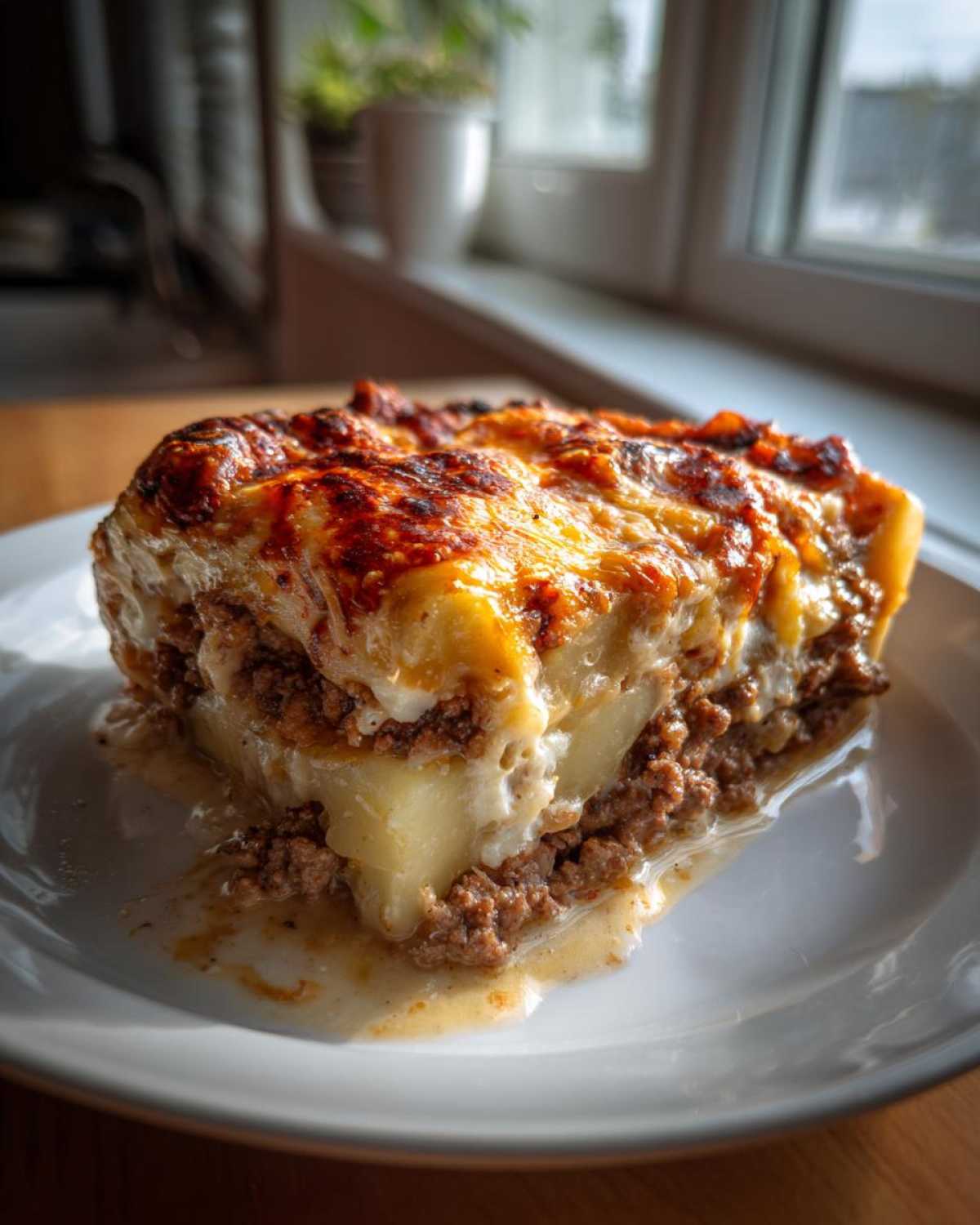 Close-up of a thick slice of Cheesy Ground Beef and Potato Bake Comfort Food with a browned, cheesy top.