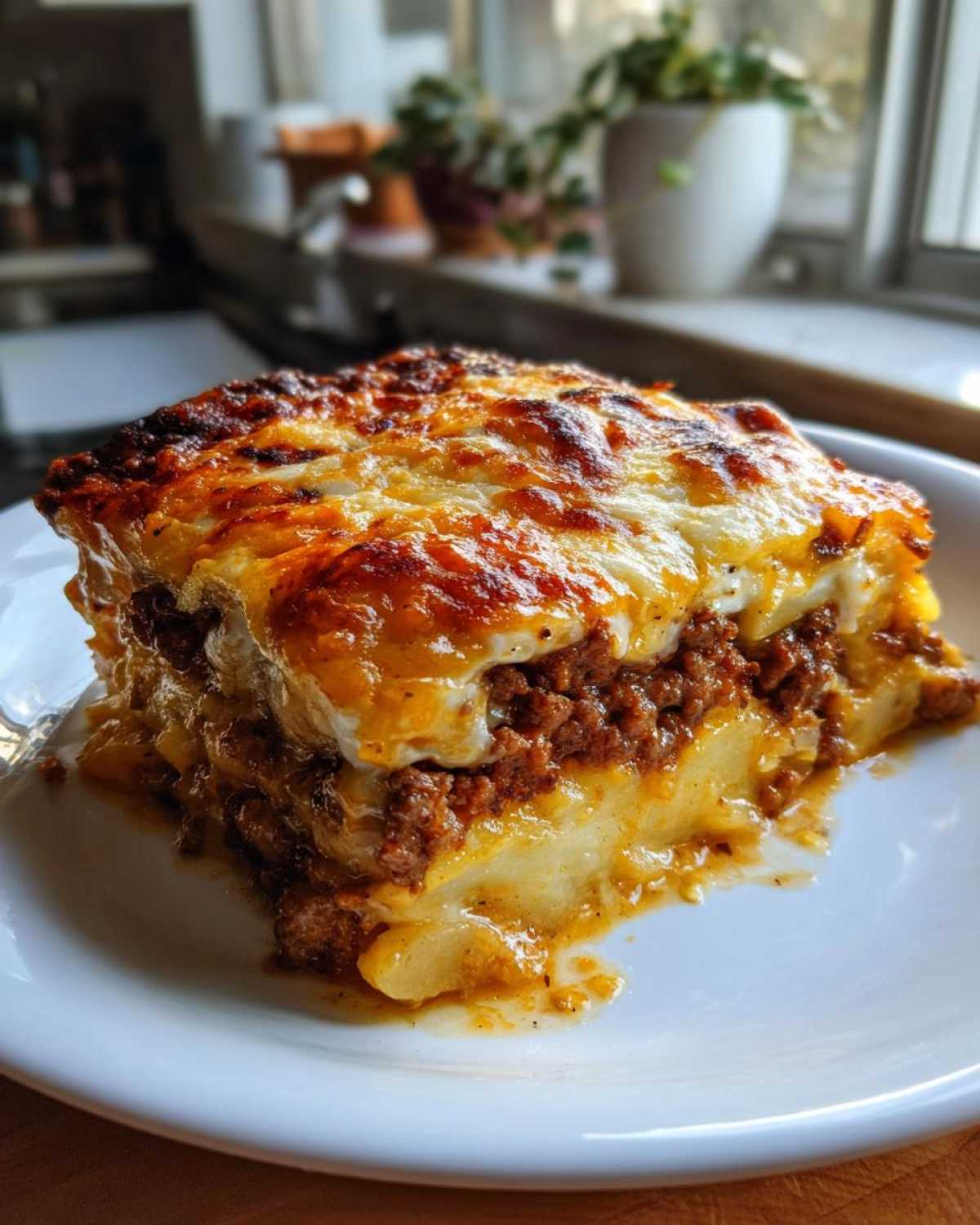 A thick slice of Cheesy Ground Beef and Potato Bake Comfort Food with a golden, bubbly cheese topping.