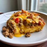 A generous serving of Cheesy Ground Beef Queso Bake Comfort Dish oozing with melted cheese and ground beef on a white plate.
