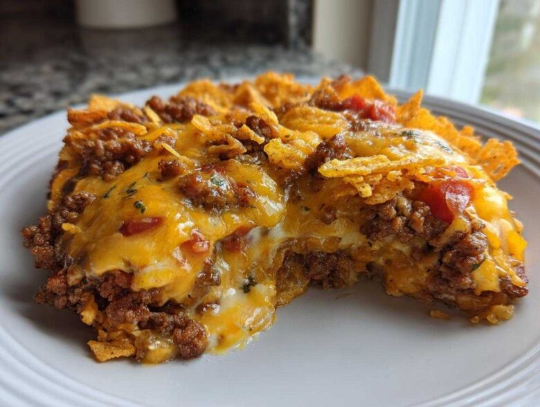 A serving of Cheesy Ground Beef Queso Bake Comfort Dish, showing melted cheese, seasoned ground beef, and crushed tortilla chips.