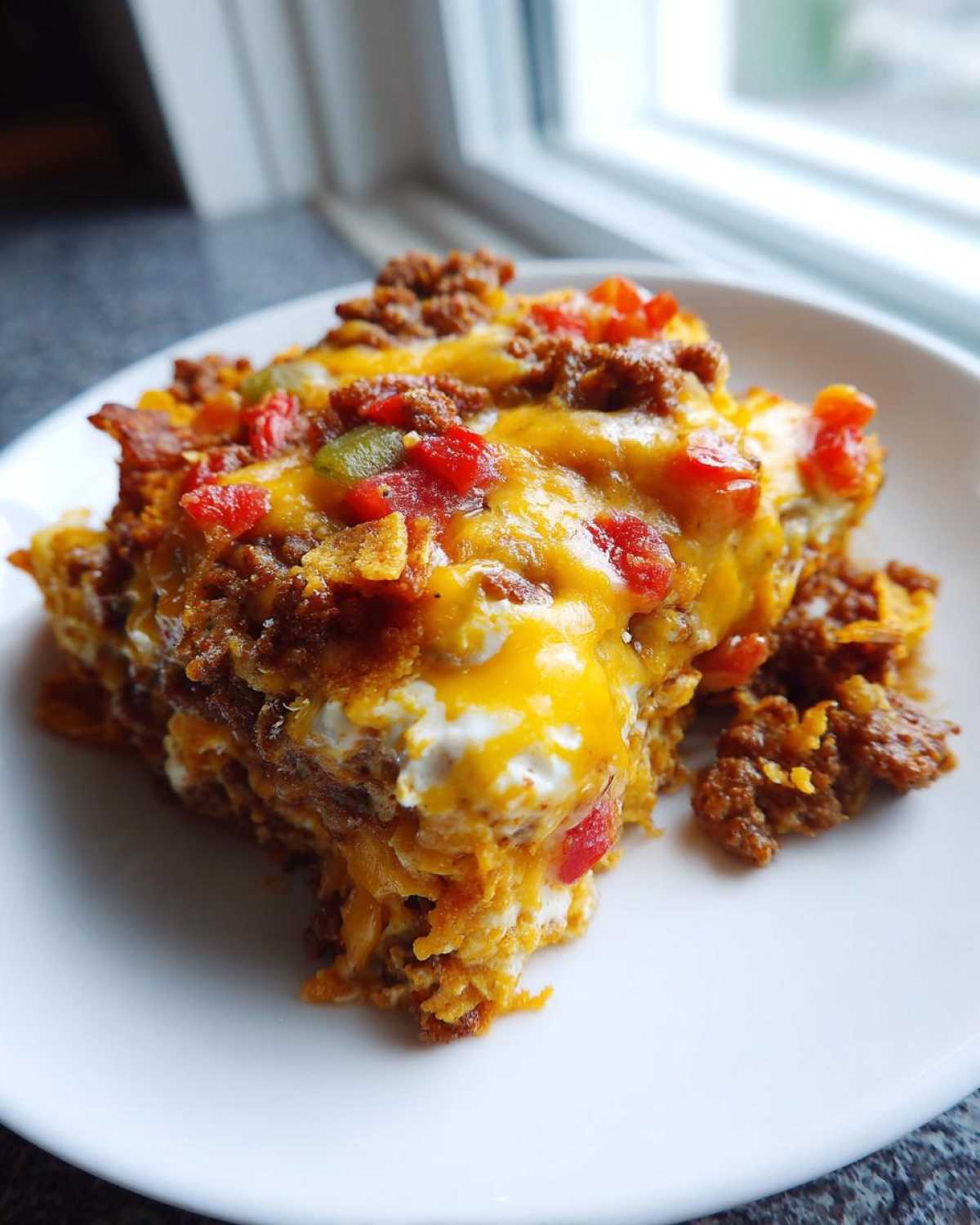 A close-up slice of Cheesy Ground Beef Queso Bake Comfort Dish topped with melted cheese, ground beef, and diced peppers.