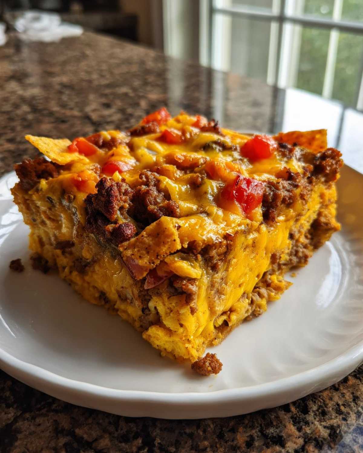 A thick, square slice of Cheesy Ground Beef Queso Bake Comfort Dish topped with melted cheese and diced tomatoes.