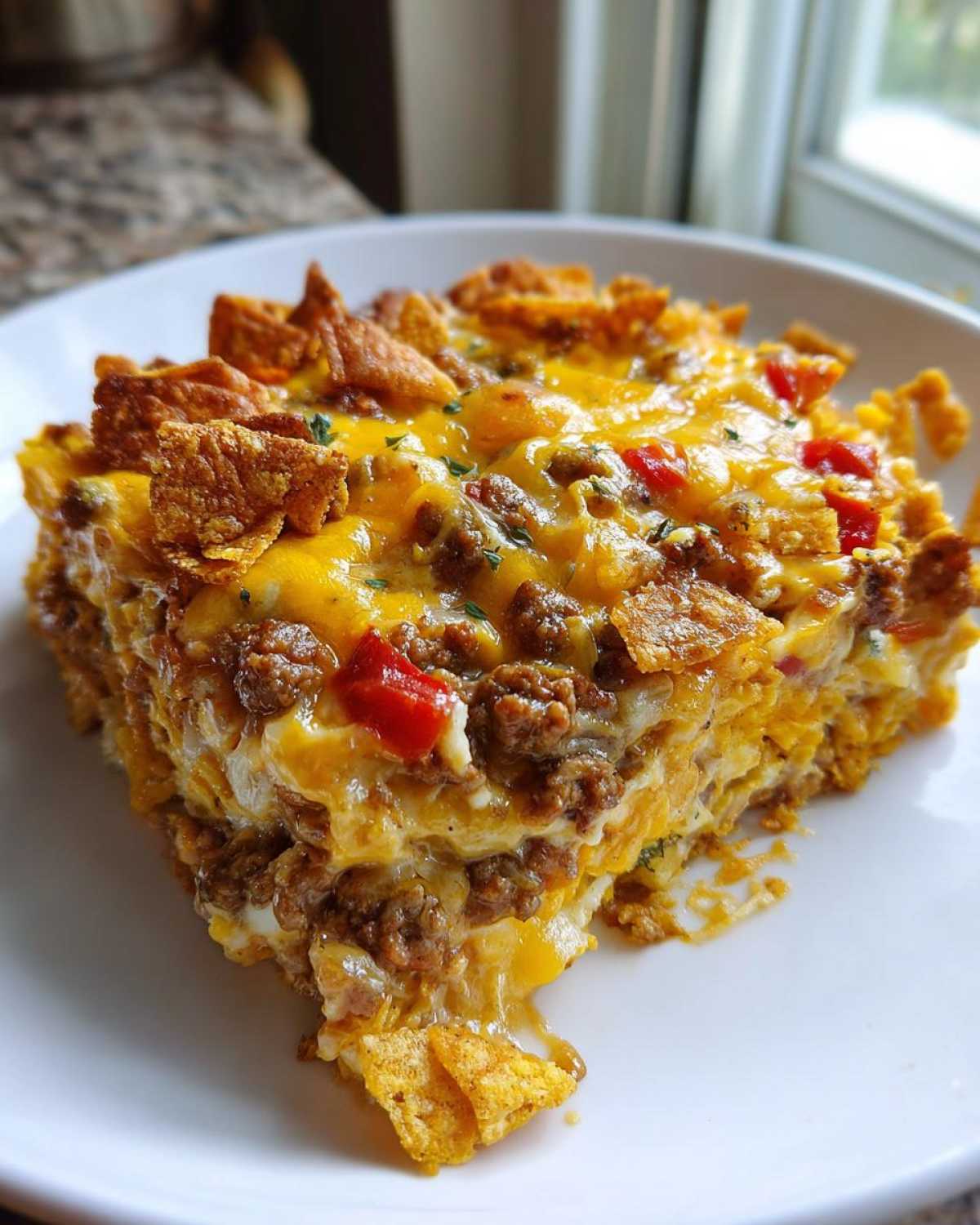 A hearty slice of Cheesy Ground Beef Queso Bake Comfort Dish topped with melted cheddar and tortilla chips.