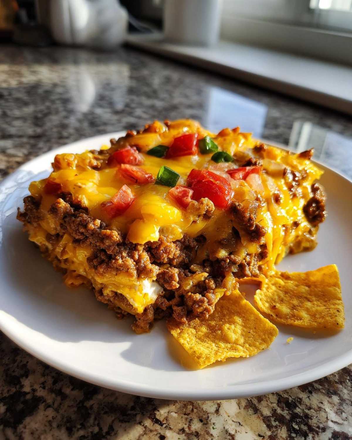 A hearty slice of Cheesy Ground Beef Queso Bake Comfort Dish topped with melted cheese, tomatoes, and green onions, served with tortilla chips.