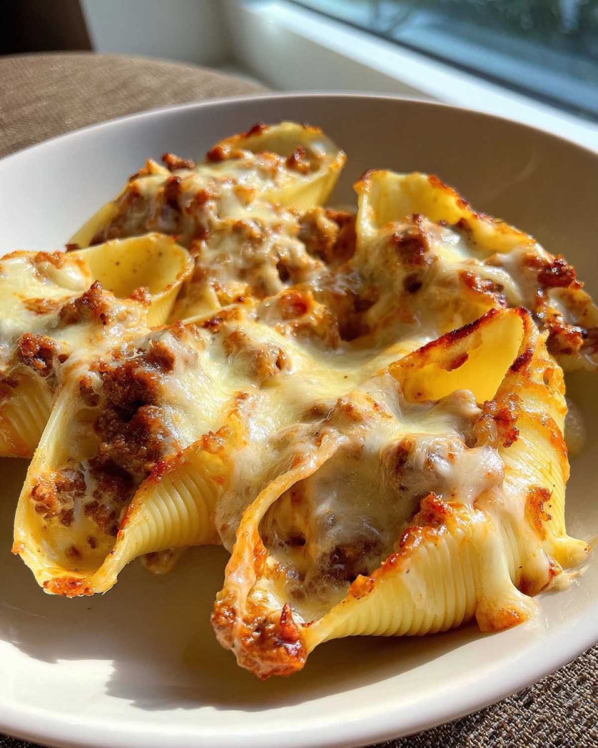 Close-up of baked Cheesy Ground Beef Stuffed Shells overflowing with meat filling and topped with melted, slightly browned cheese.
