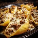 Close-up of baked Cheesy Ground Beef Stuffed Shells with Cream Sauce, covered in melted cheese.