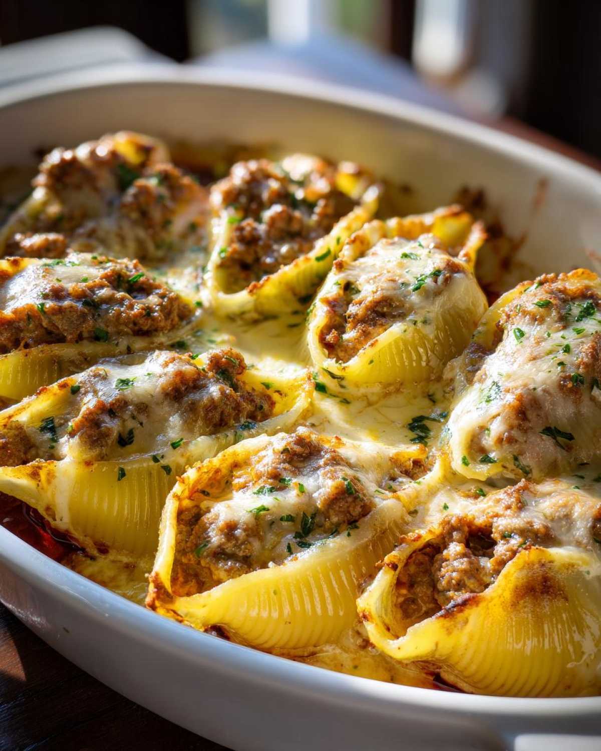 Close-up of baked Cheesy Ground Beef Stuffed Shells with melted cheese and parsley in a white baking dish.