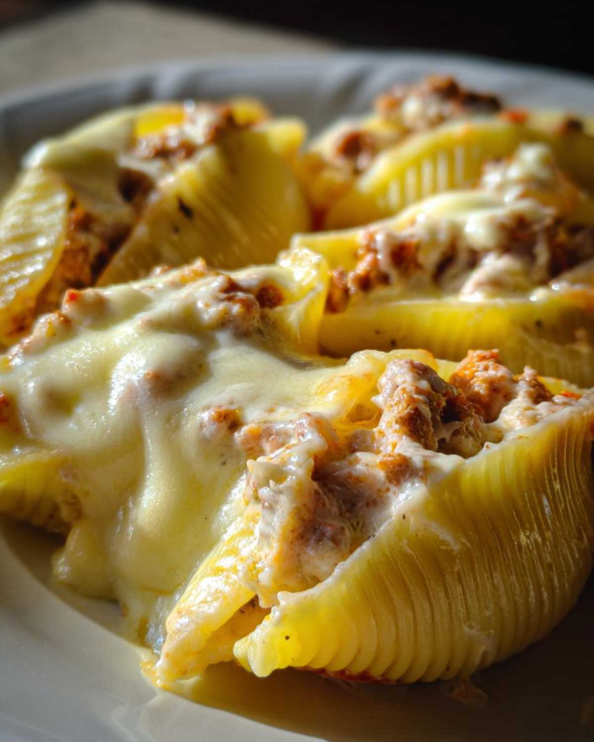Close-up of baked Cheesy Ground Beef Stuffed Shells generously covered in melted white cream sauce.
