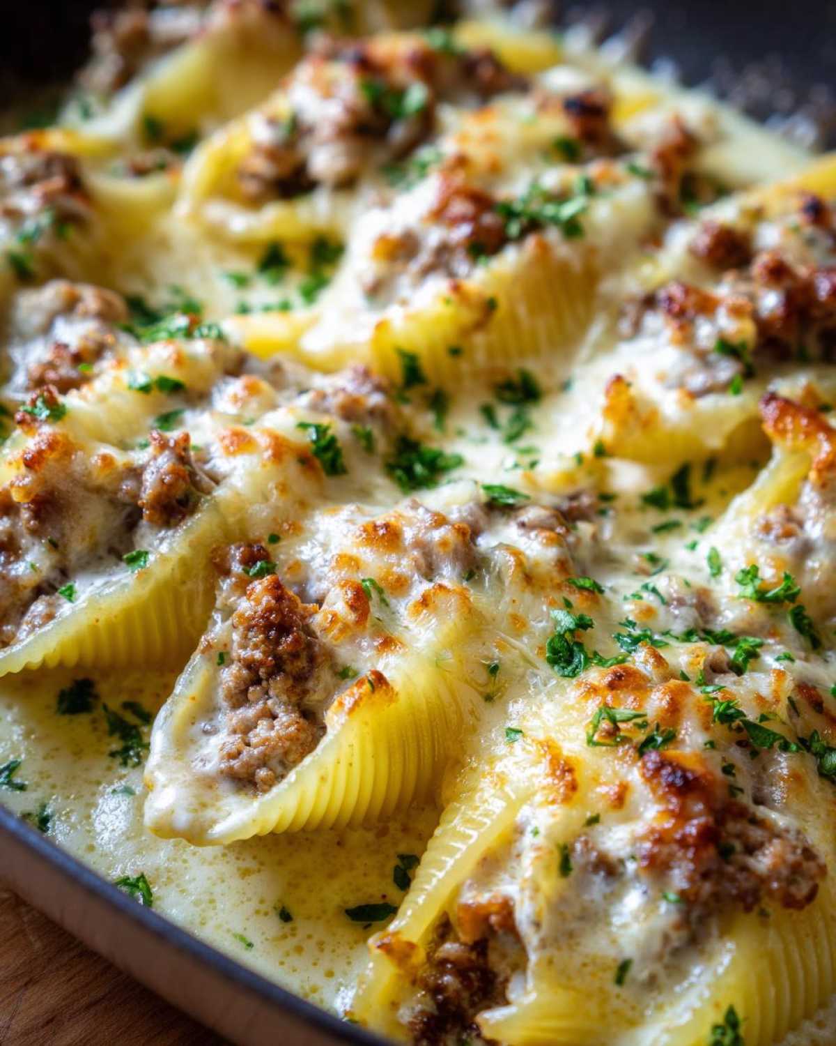 Close-up of baked Cheesy Ground Beef Stuffed Shells with Cream Sauce, topped with melted, browned cheese and parsley.