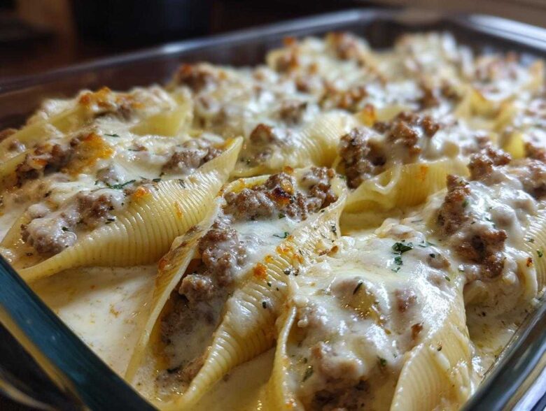 Close-up of baked Cheesy Ground Beef Stuffed Shells with melted mozzarella and cream sauce in a glass dish.