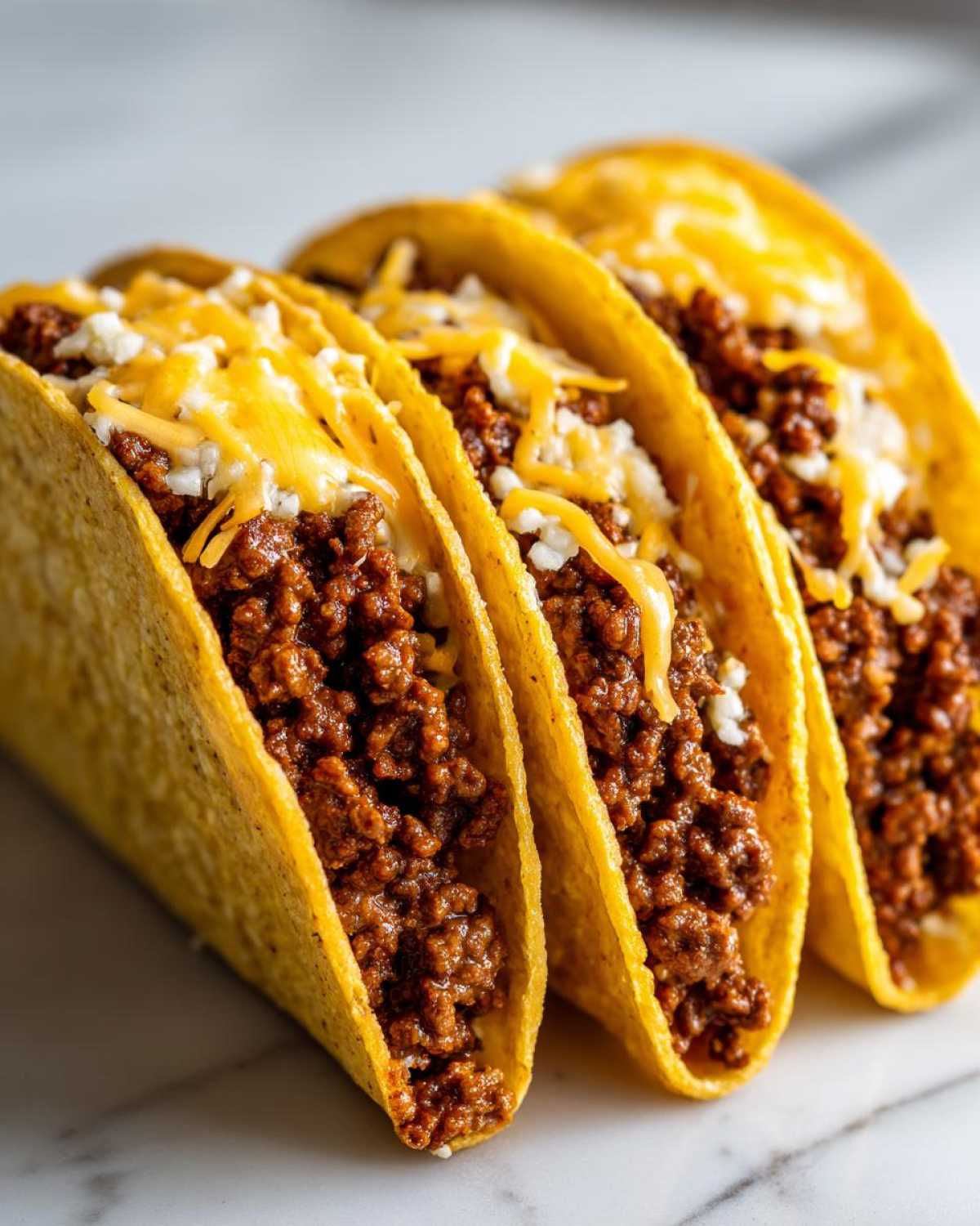 Three hard-shell tacos filled with seasoned ground beef and topped with shredded cheese, ready for Cheesy Ground Beef Tacos.