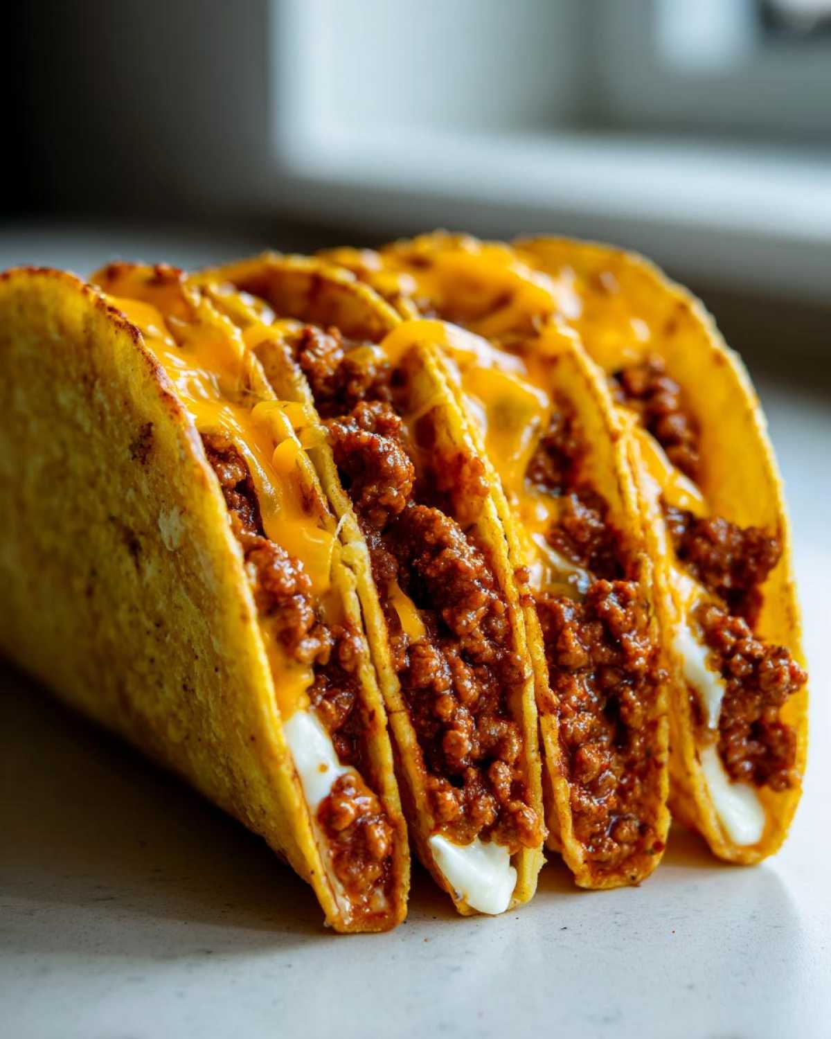 A close-up row of four crispy Cheesy Ground Beef Tacos with Creamy Filling, topped with melted cheddar cheese.