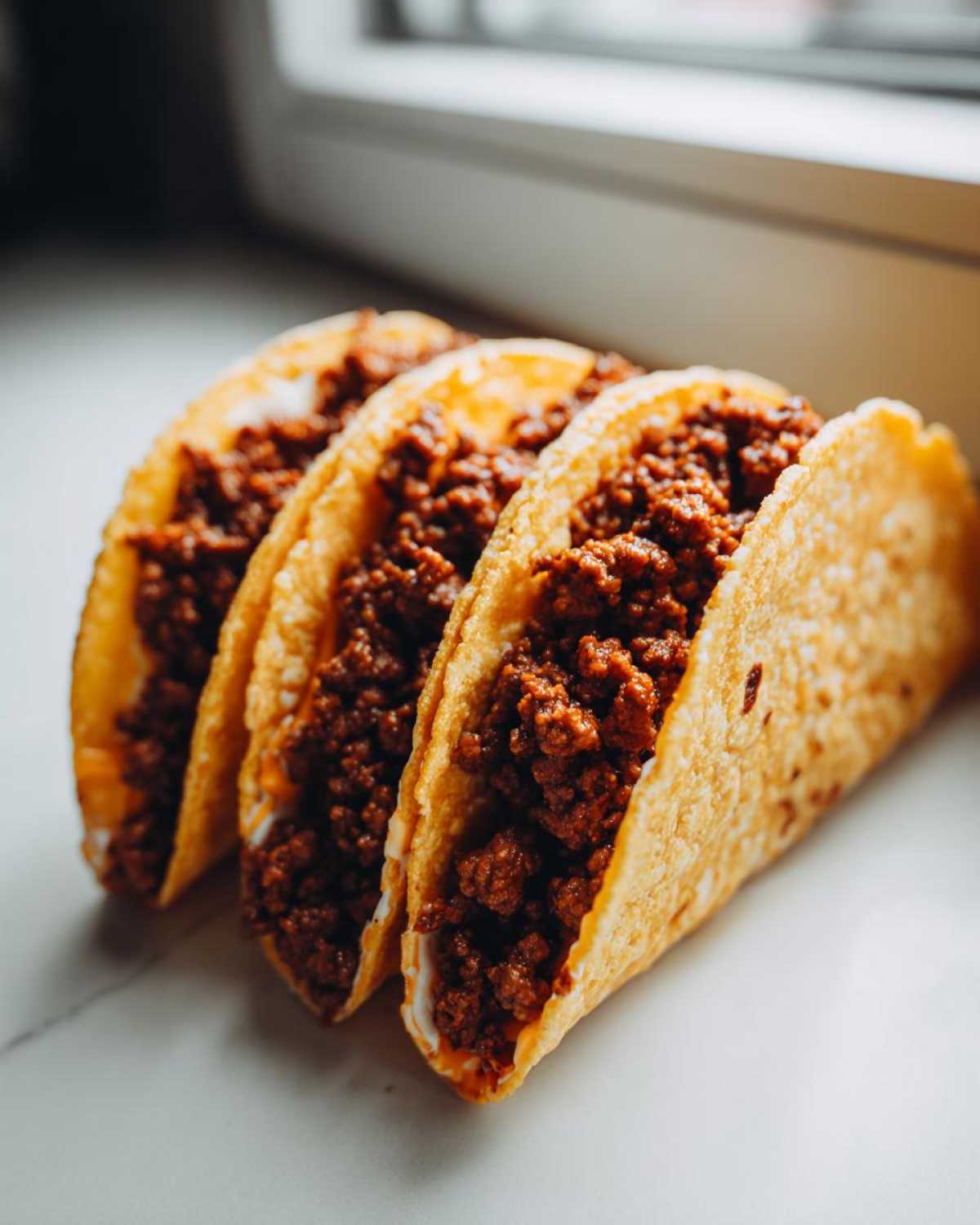 Three crispy tacos lined up, generously filled with seasoned ground beef and a creamy white layer, showcasing the Cheesy Ground Beef Tacos with Creamy Filling.