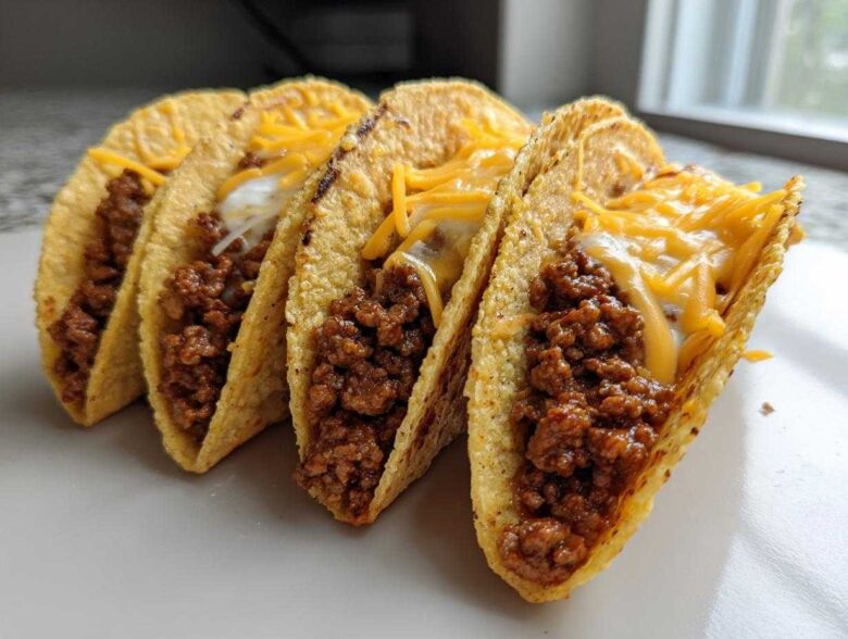 Four crispy tacos filled with seasoned ground beef, creamy filling, and melted cheddar cheese, showcasing the Cheesy Ground Beef Tacos filling.