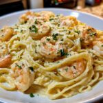 Close-up of a generous serving of Creamy Alfredo Shrimp Pasta with Garlic, topped with Parmesan and parsley.