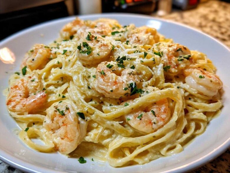 Close-up of a generous serving of Creamy Alfredo Shrimp Pasta with Garlic, topped with Parmesan and parsley.