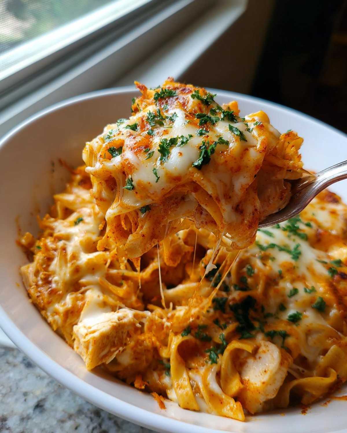 A spoonful of Creamy Cajun Chicken Alfredo Bake showing melted, stretchy cheese and pasta.