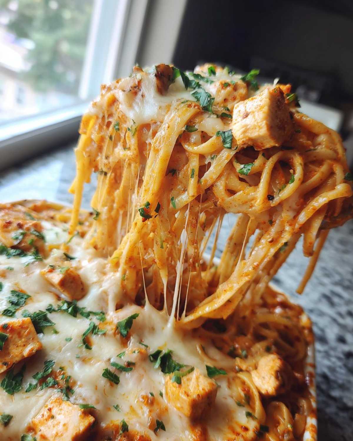 A serving spoon lifts pasta, showing a dramatic cheese pull from the Creamy Cajun Chicken Alfredo Bake.