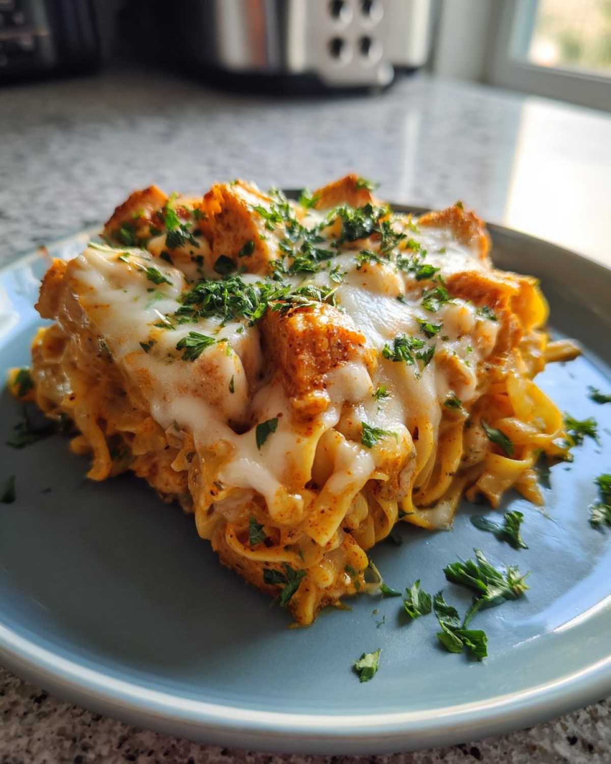 A generous serving of Creamy Cajun Chicken Alfredo Bake topped with melted mozzarella and fresh parsley.