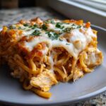 A close-up of a serving of Creamy Cajun Chicken Alfredo Bake showing melted cheese and chicken pieces.