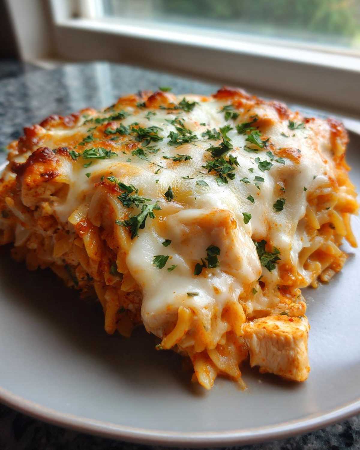 A close-up serving of Creamy Cajun Chicken Alfredo Bake topped with melted cheese and parsley.