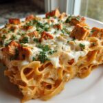 A close-up slice of Creamy Cajun Chicken Alfredo Bake featuring pasta, melted cheese, and seasoned chicken cubes.