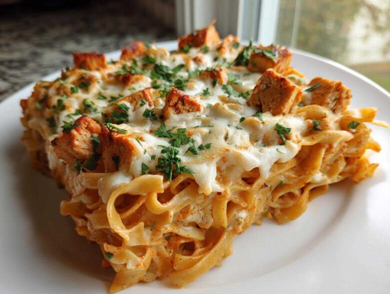 A close-up slice of Creamy Cajun Chicken Alfredo Bake featuring pasta, melted cheese, and seasoned chicken cubes.
