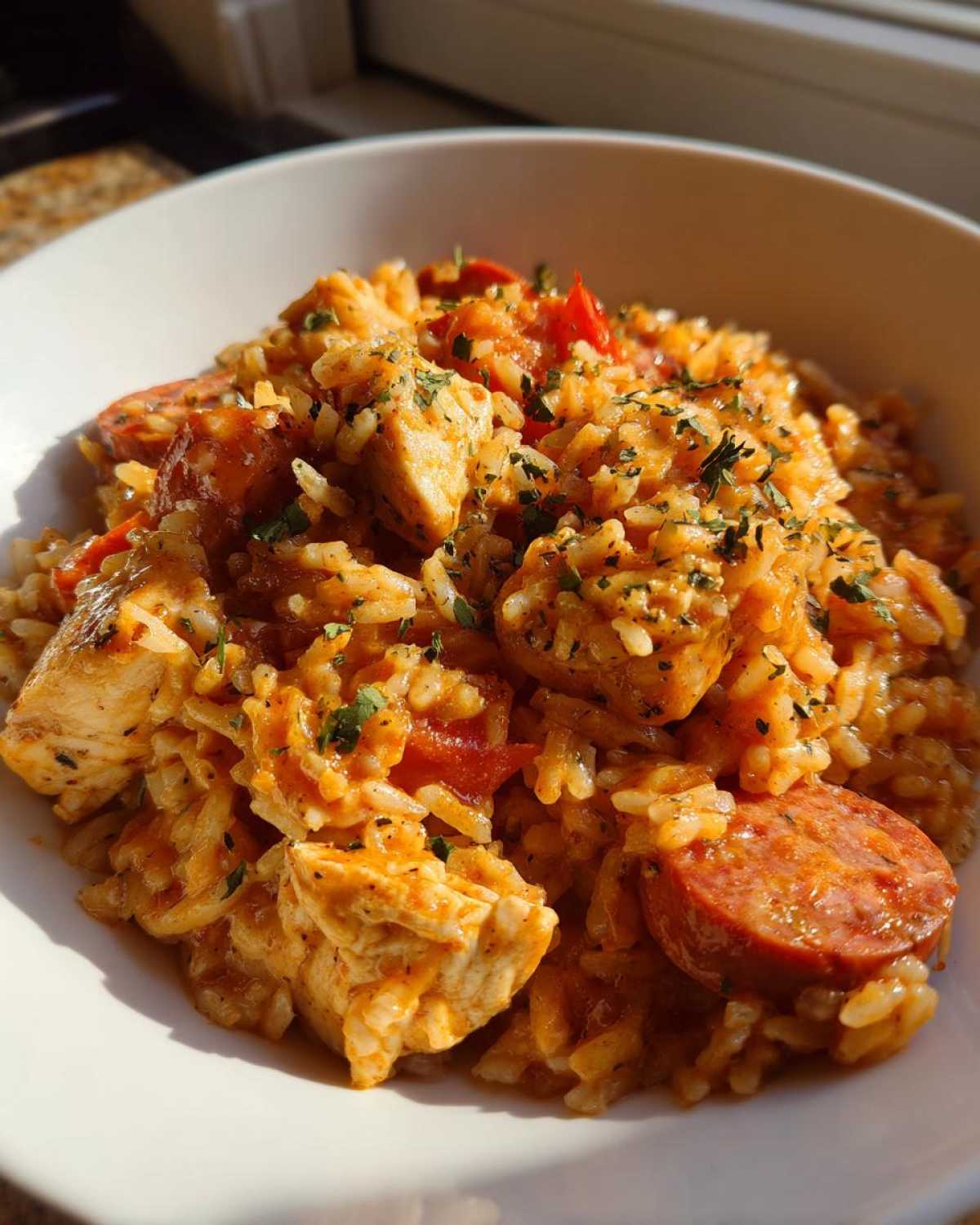 A close-up bowl of Creamy Cajun Chicken and Rice Skillet featuring chicken, andouille sausage, and rice.