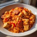 A close-up of a white bowl filled with creamy Cajun chicken and rice skillet, featuring chunks of chicken and sliced andouille sausage.