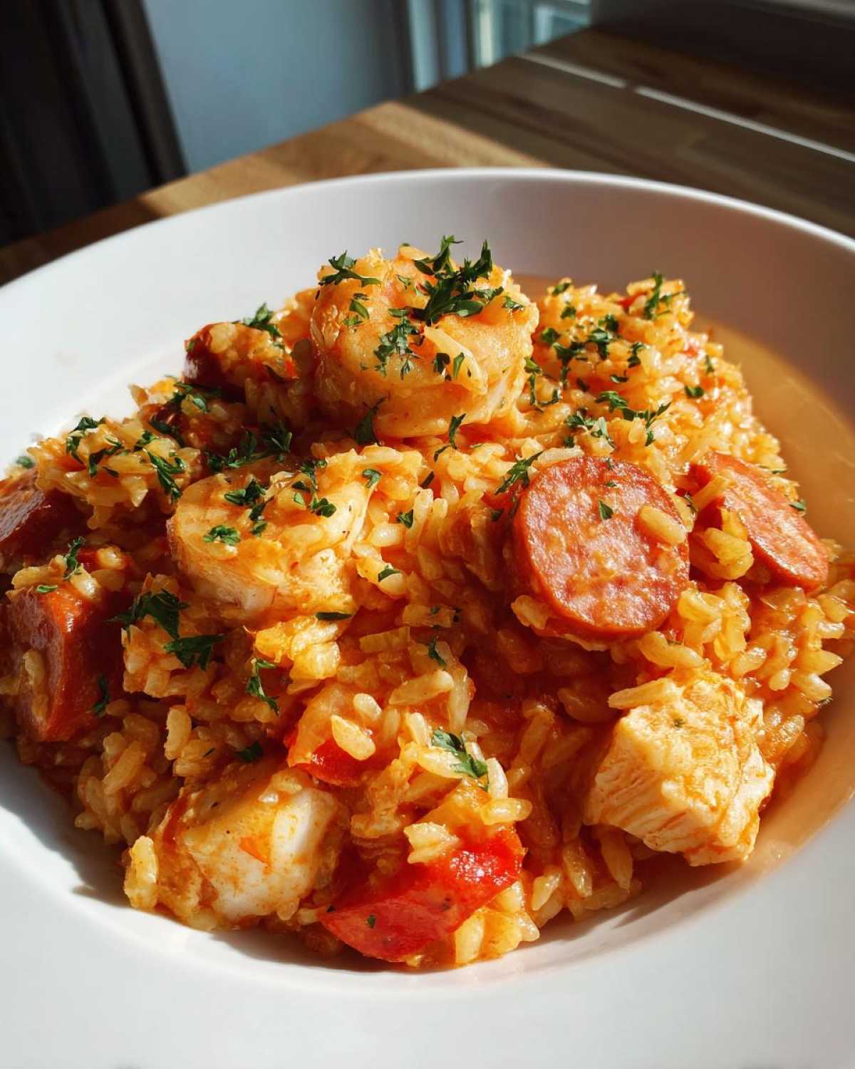 Close-up of a bowl filled with Creamy Cajun Chicken and Rice Skillet, featuring shrimp, sausage, and chicken pieces.