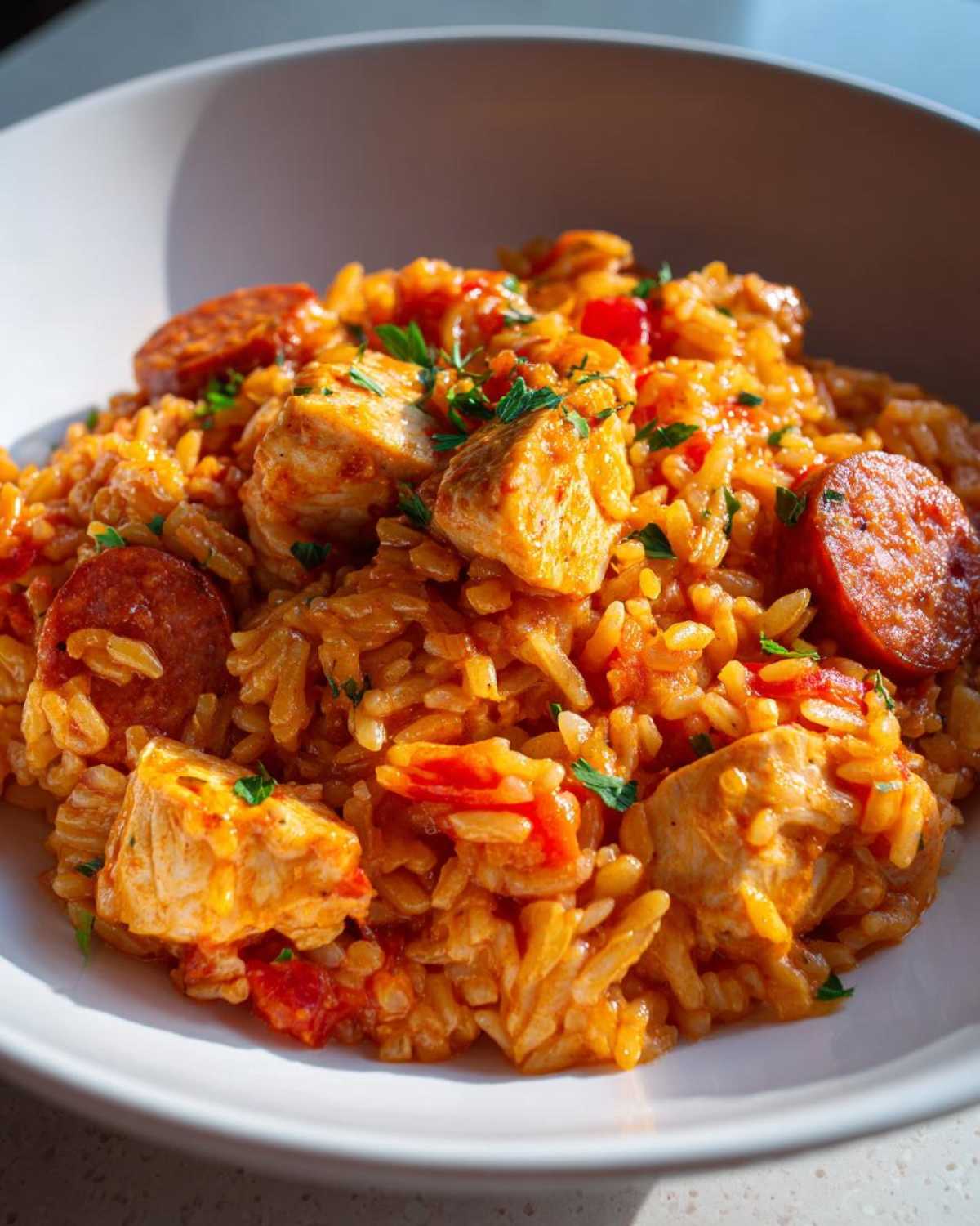 Close-up of a white bowl filled with Creamy Cajun Chicken and Rice Skillet, featuring chicken chunks and sliced sausage.