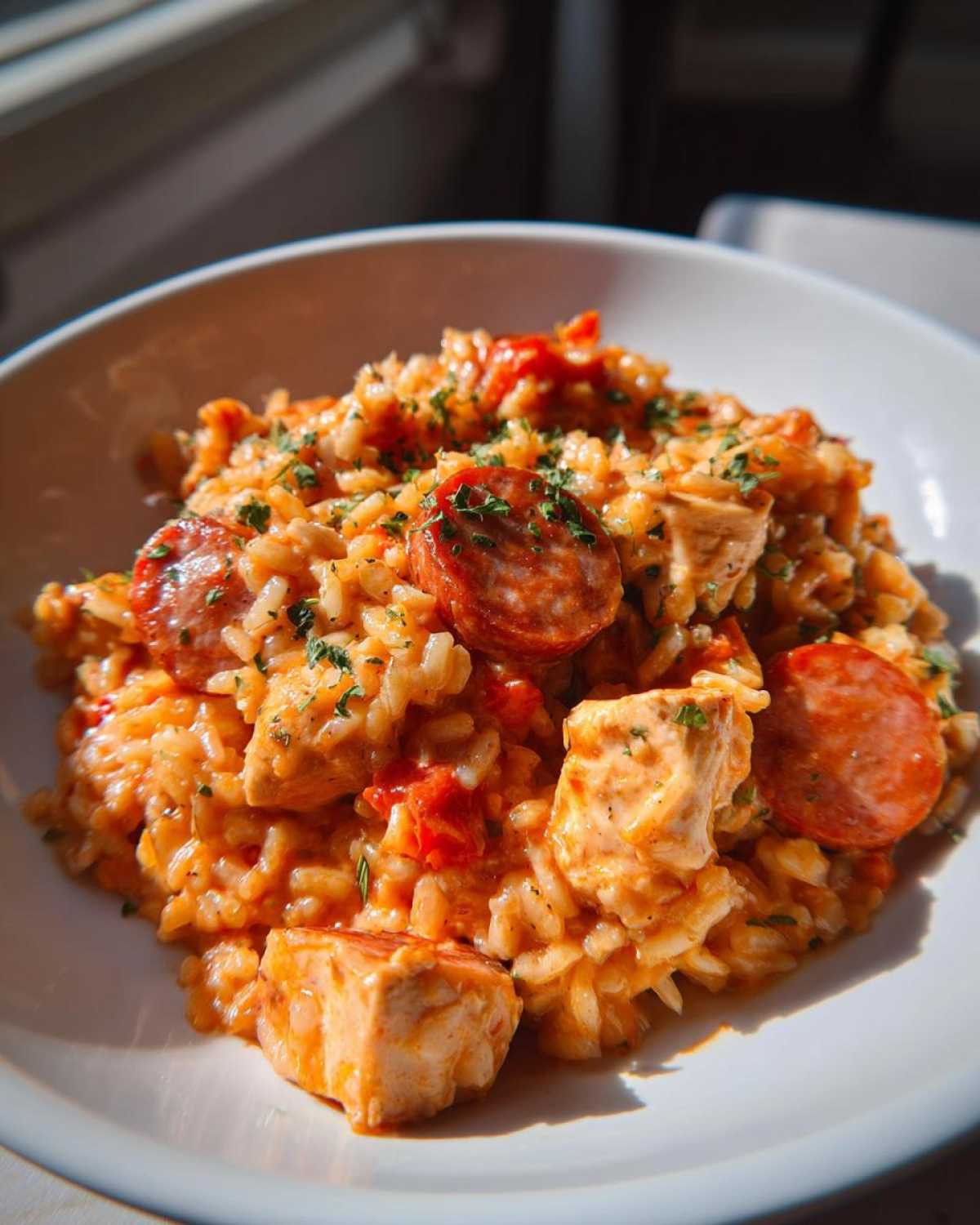 A close-up of a bowl of Creamy Cajun Chicken and Rice Skillet, featuring rice, chicken chunks, and sliced sausage.