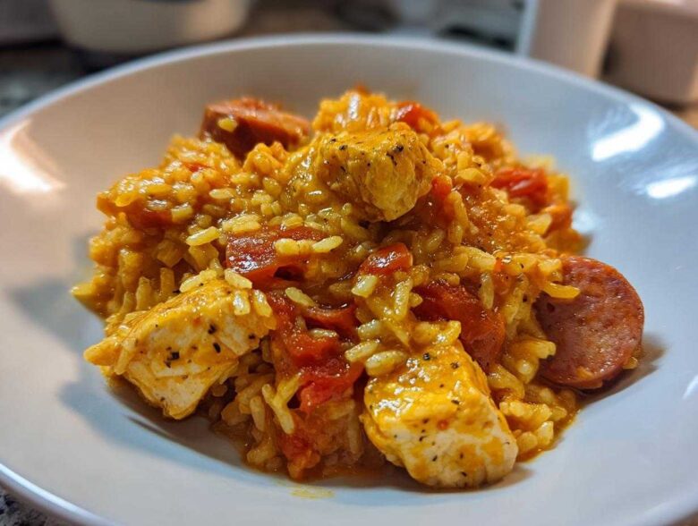 Close-up of a bowl filled with Creamy Cajun Chicken and Rice Skillet featuring chicken pieces, sausage slices, and tomatoes.