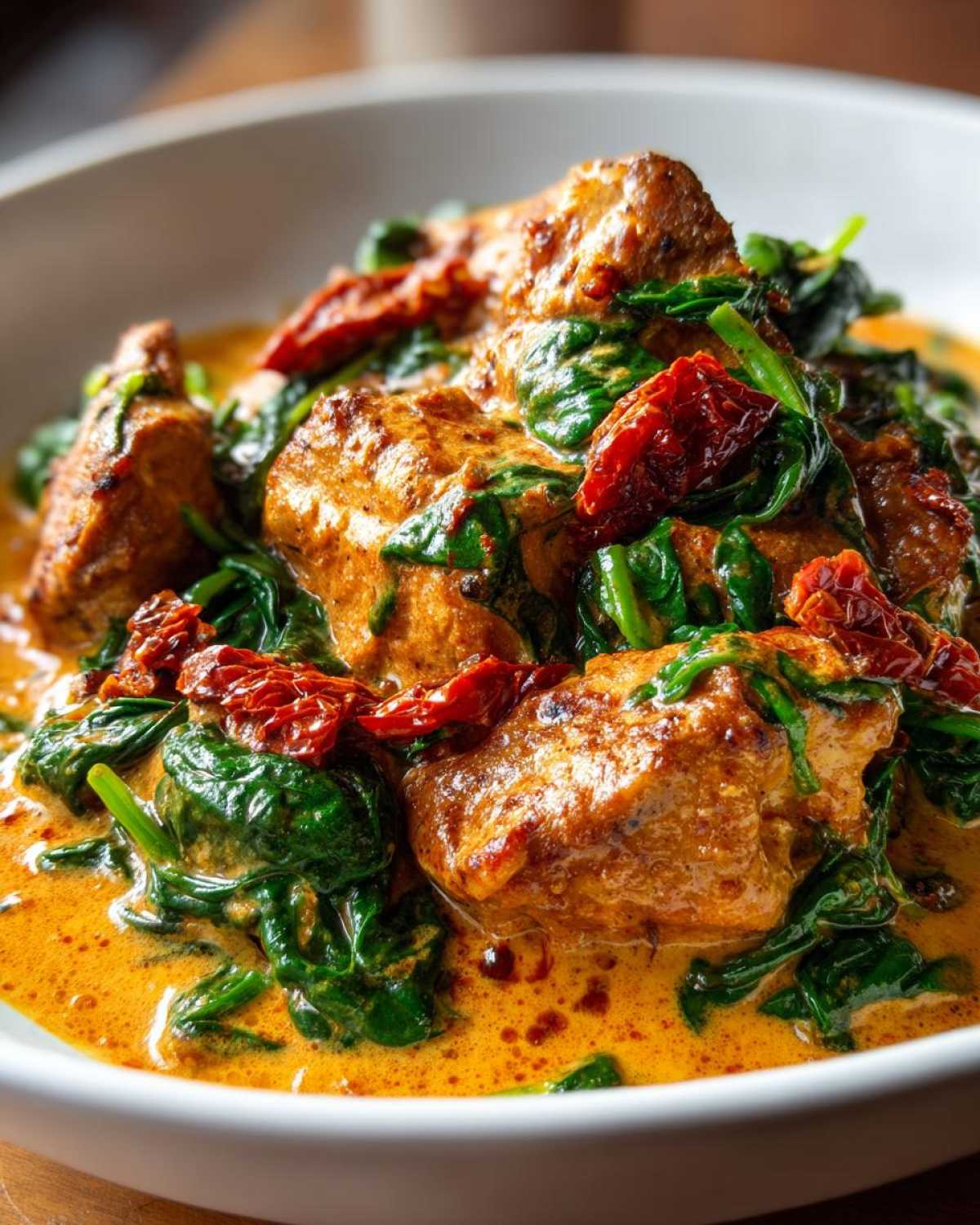 Close-up of seasoned chicken pieces smothered in a rich, orange-hued Creamy Cajun Chicken Skillet sauce with wilted spinach and sun-dried tomatoes.
