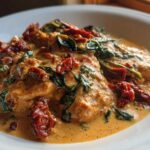 Close-up of chicken breasts smothered in a rich, orange-hued Creamy Cajun Chicken Skillet sauce with spinach and sun-dried tomatoes.