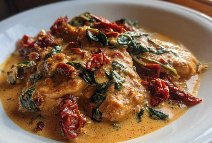 Close-up of chicken breasts smothered in a rich, orange-hued Creamy Cajun Chicken Skillet sauce with spinach and sun-dried tomatoes.