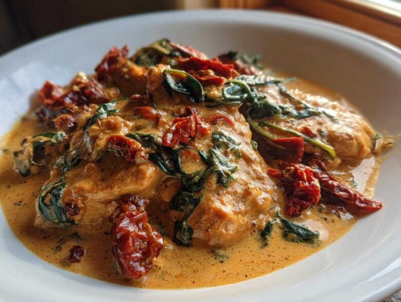 Close-up of chicken breasts smothered in a rich, orange-hued Creamy Cajun Chicken Skillet sauce with spinach and sun-dried tomatoes.
