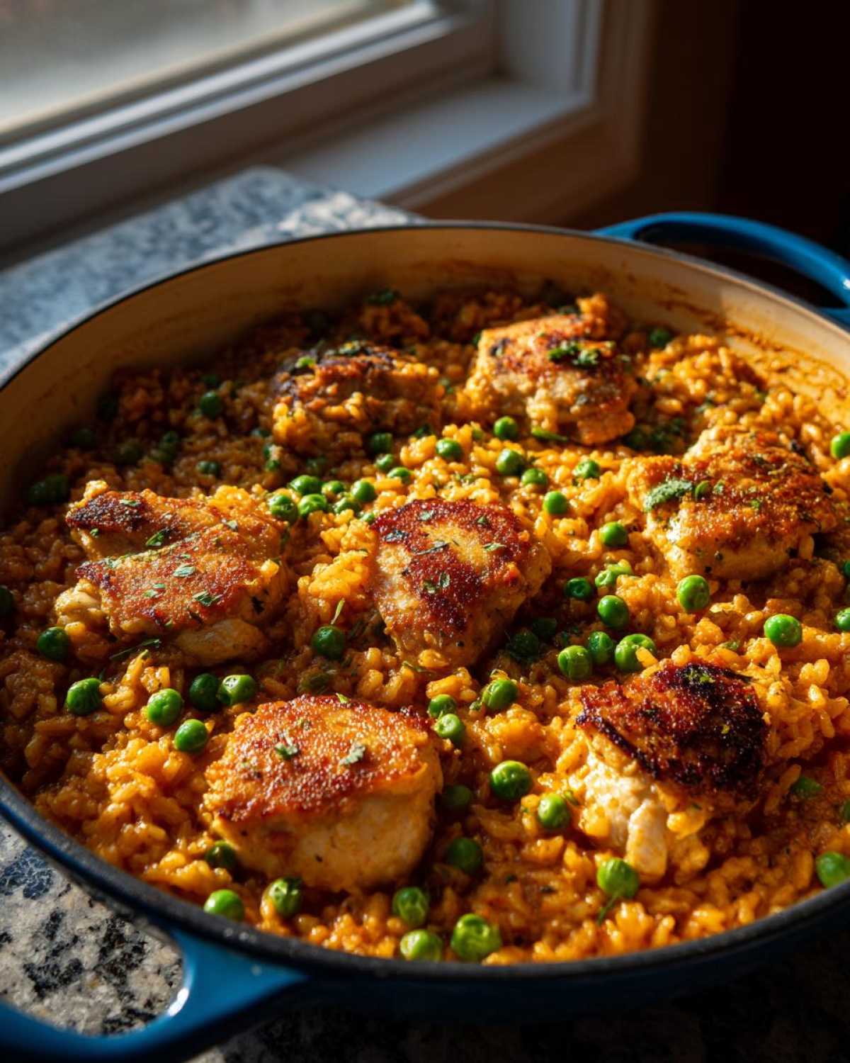 Close-up of Creamy Cajun Chicken Skillet with Rice, featuring seared chicken pieces and bright green peas in a rich, orange sauce.