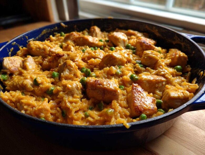 Close-up of Creamy Cajun Chicken Skillet with Rice, featuring seared chicken chunks and green peas in a rich sauce within a blue skillet.