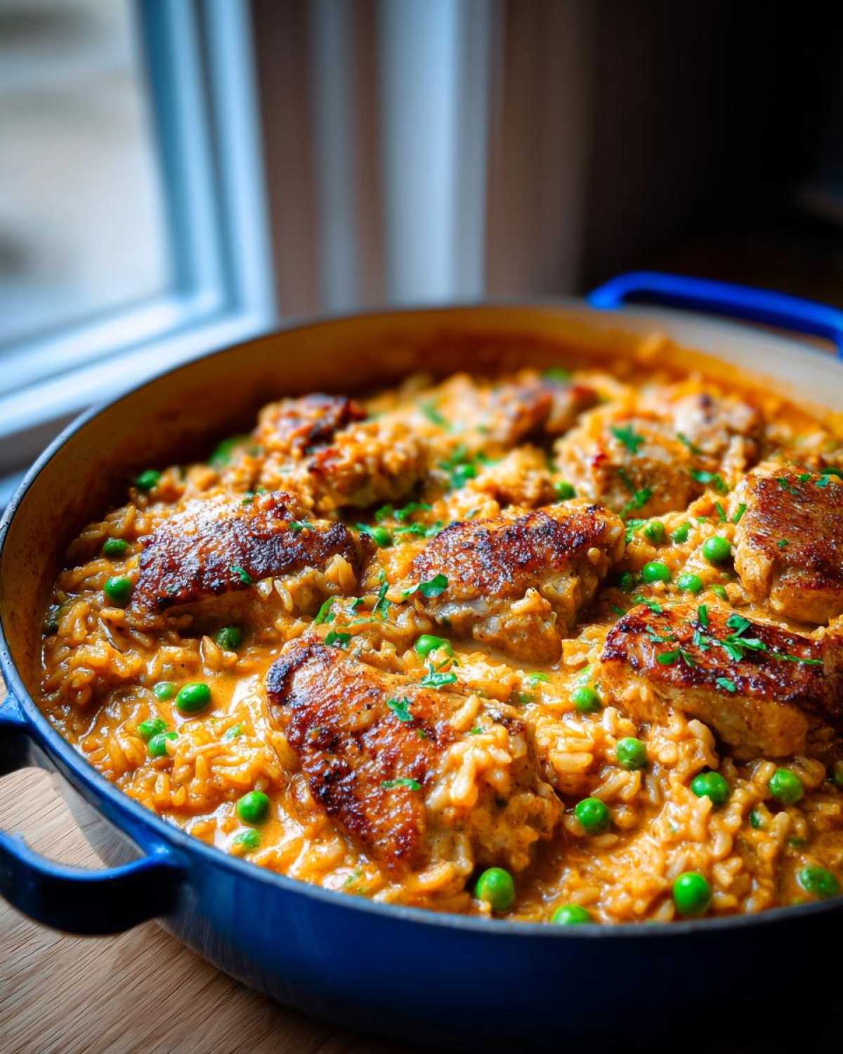 Close-up of a vibrant Creamy Cajun Chicken Skillet with Rice and bright green peas in a blue enameled skillet.