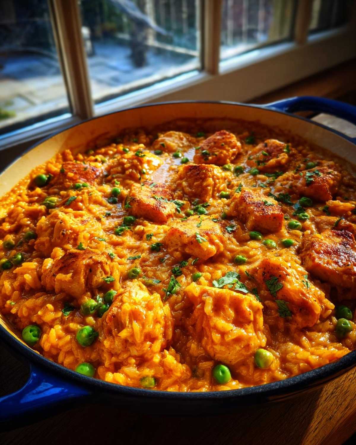 Close-up of a vibrant Creamy Cajun Chicken Skillet with Rice and green peas in a blue enameled cast iron skillet.