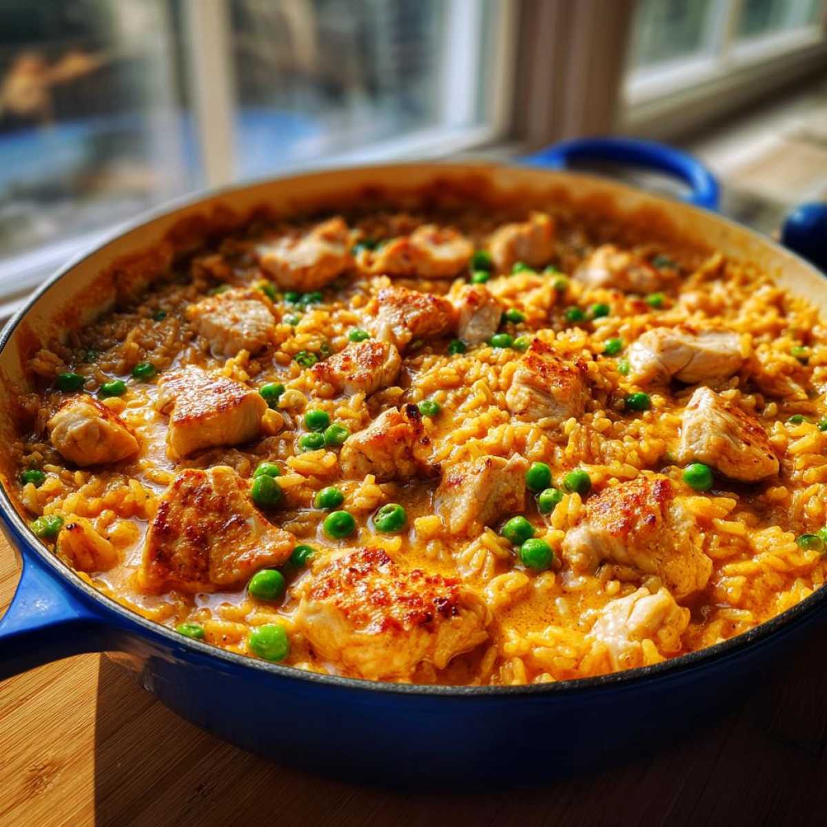 Close-up of Creamy Cajun Chicken Skillet with Rice, featuring browned chicken thighs nestled in orange-hued rice and green peas.