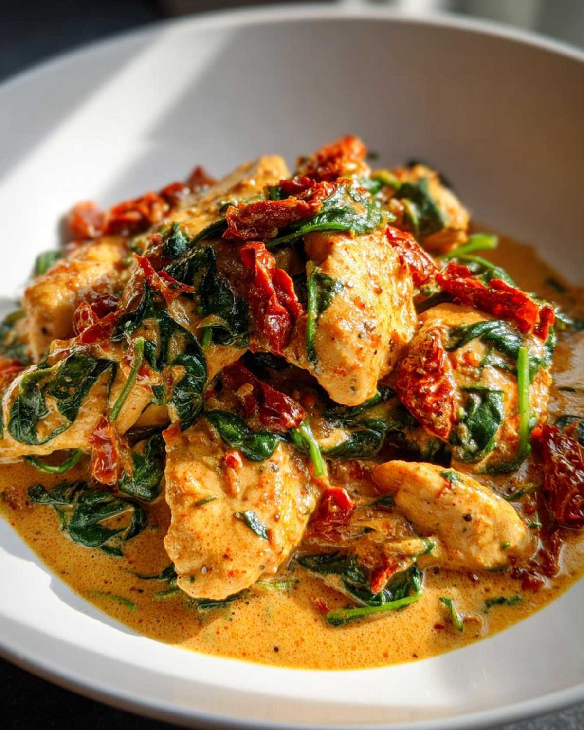 Close-up of tender chicken pieces coated in a rich, orange-hued Creamy Cajun Chicken Skillet sauce, mixed with wilted spinach and sun-dried tomatoes.