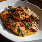 Close-up of chicken breasts smothered in a rich Creamy Cajun Chicken Skillet sauce with spinach and sun-dried tomatoes.