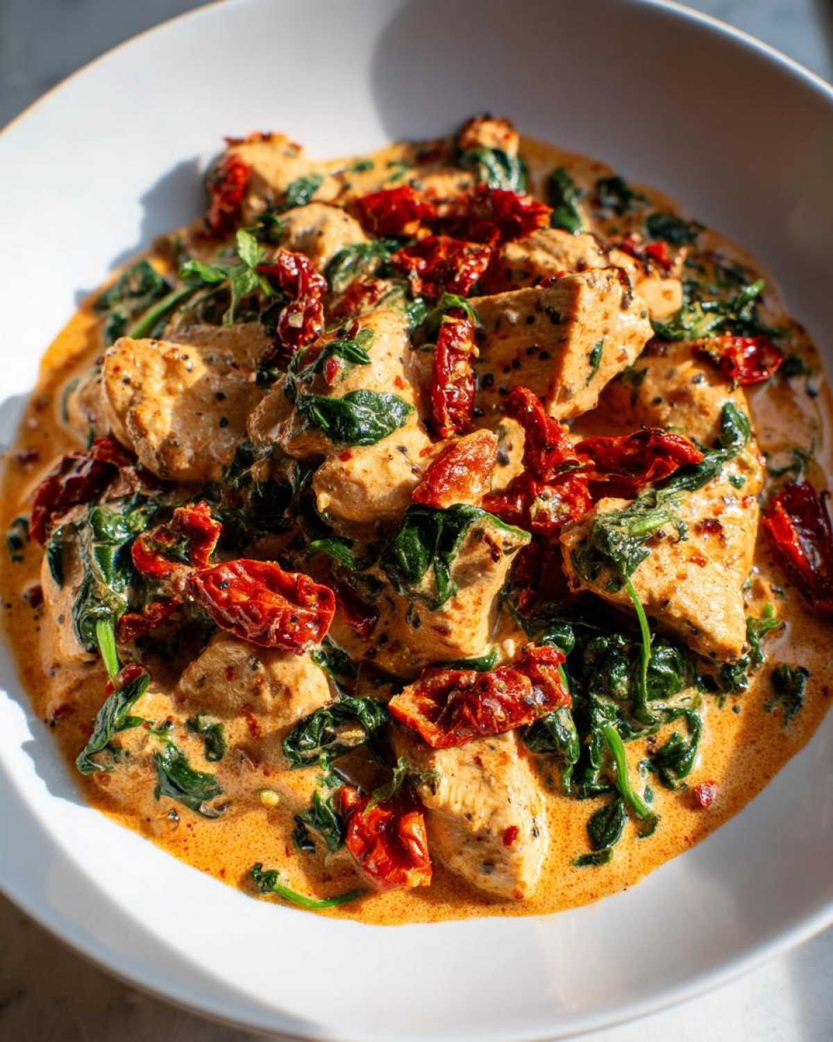Close-up of Creamy Cajun Chicken Skillet with chunks of chicken, spinach, and sun-dried tomatoes in a rich, orange cream sauce.